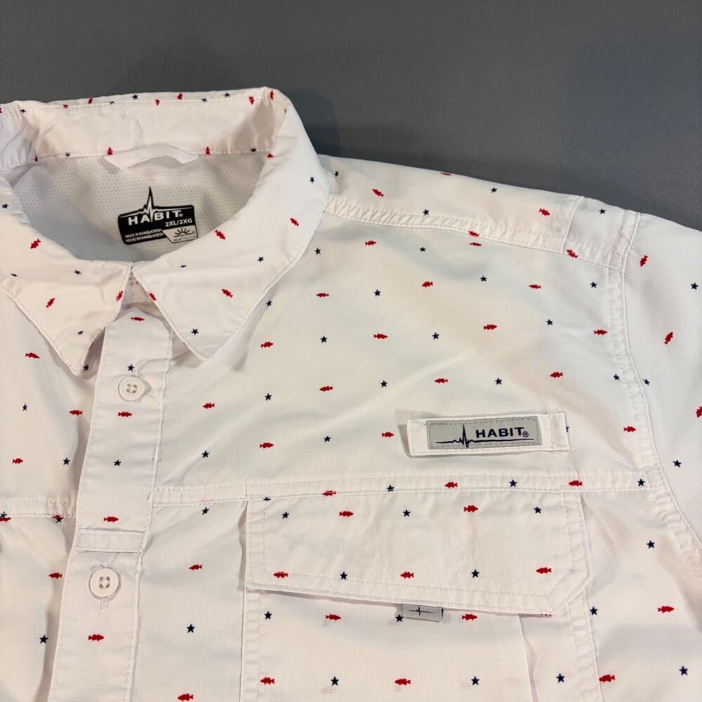 Habit Fishing Shirt White Fish and Stars Button Up Short Sleeve Men 2XL